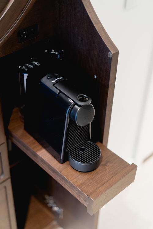 A coffee machine is sitting on a shelf at the Muir Hotel in Halifax, Canada.