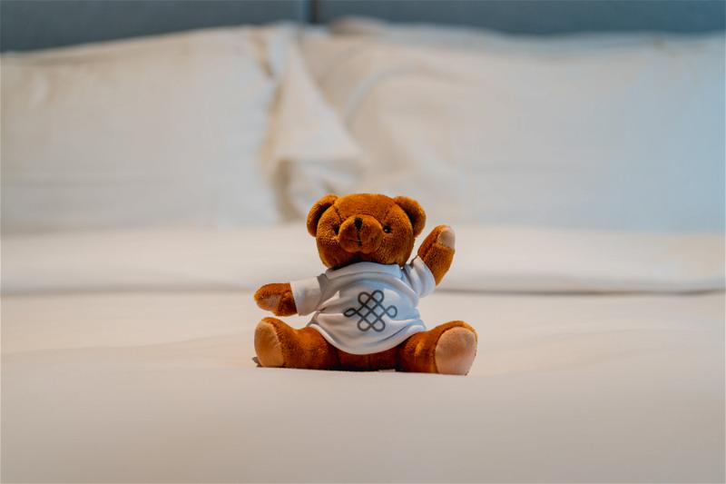 A teddy bear sitting on a bed in Halifax.