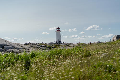 A light house sitting on top of a lush green hillside