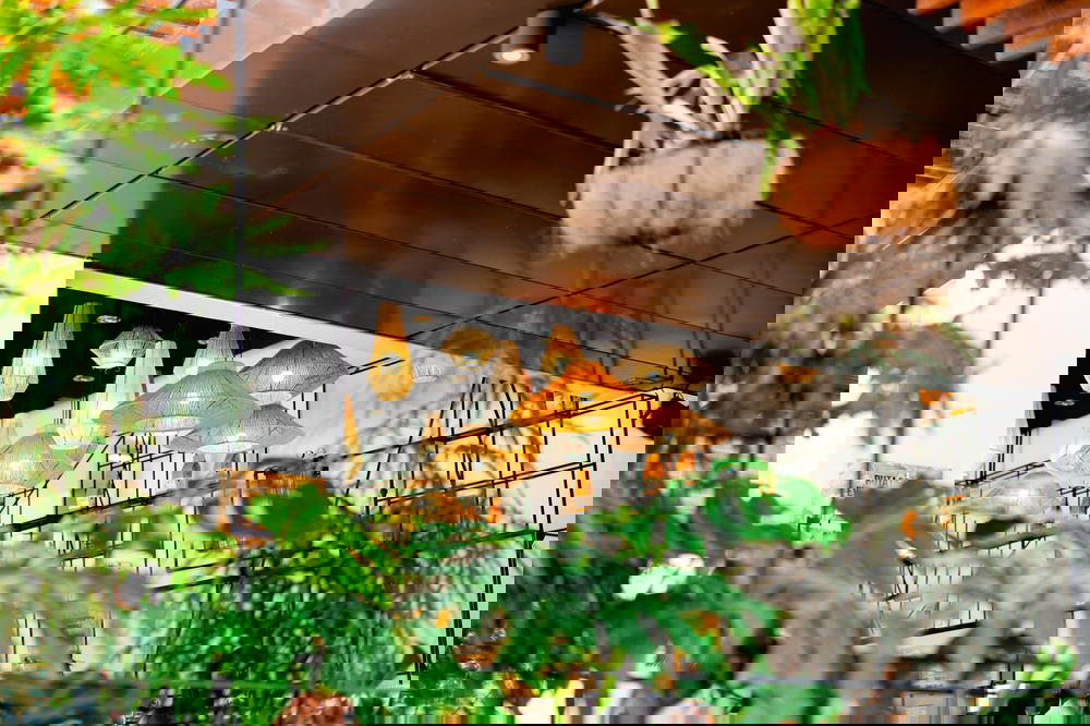 Inside Azahar cafe with lots of cool lights and plants