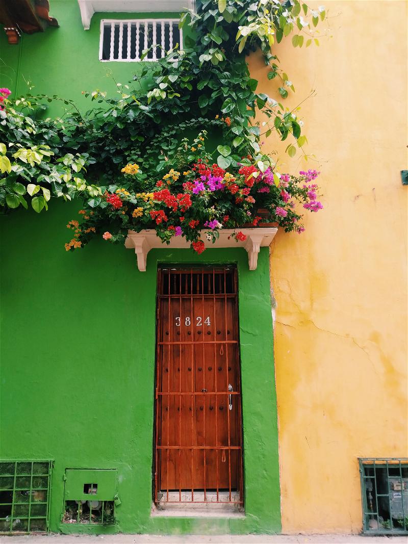 Green and yello painted house with an orange door