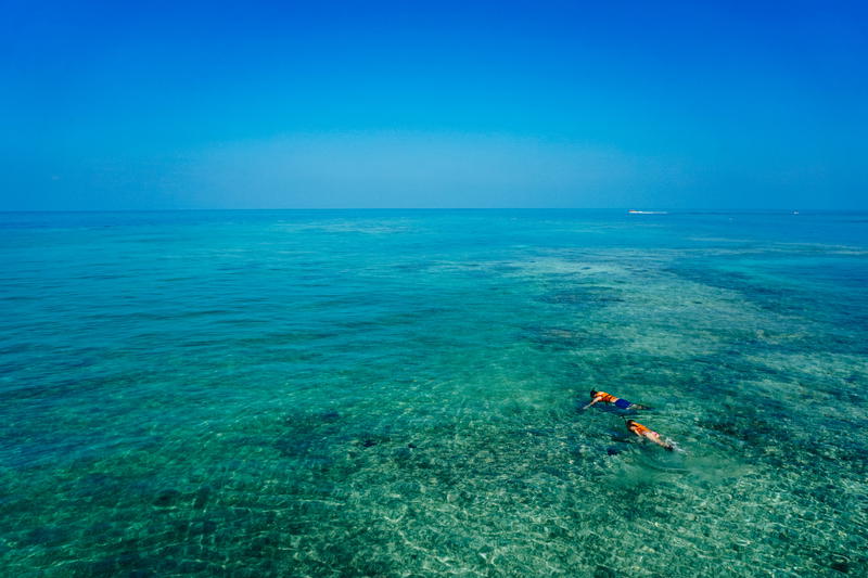 Scuba divers in a blue-ish green-ish ocean