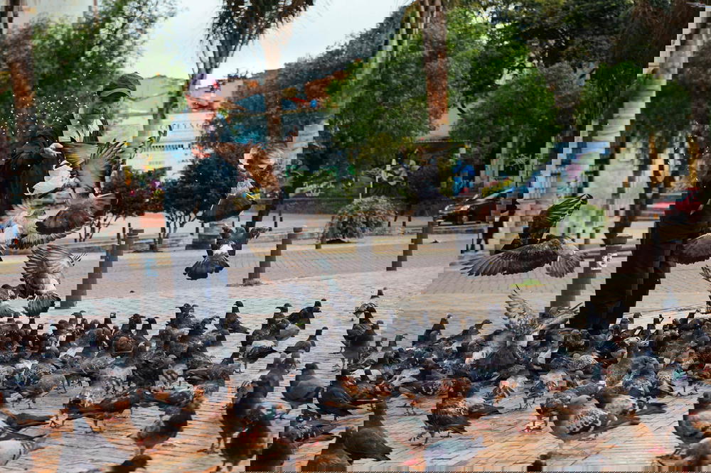 A man feeding pigeons on a sidewalk.