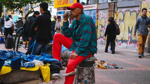 A man sitting on a bench in a city.