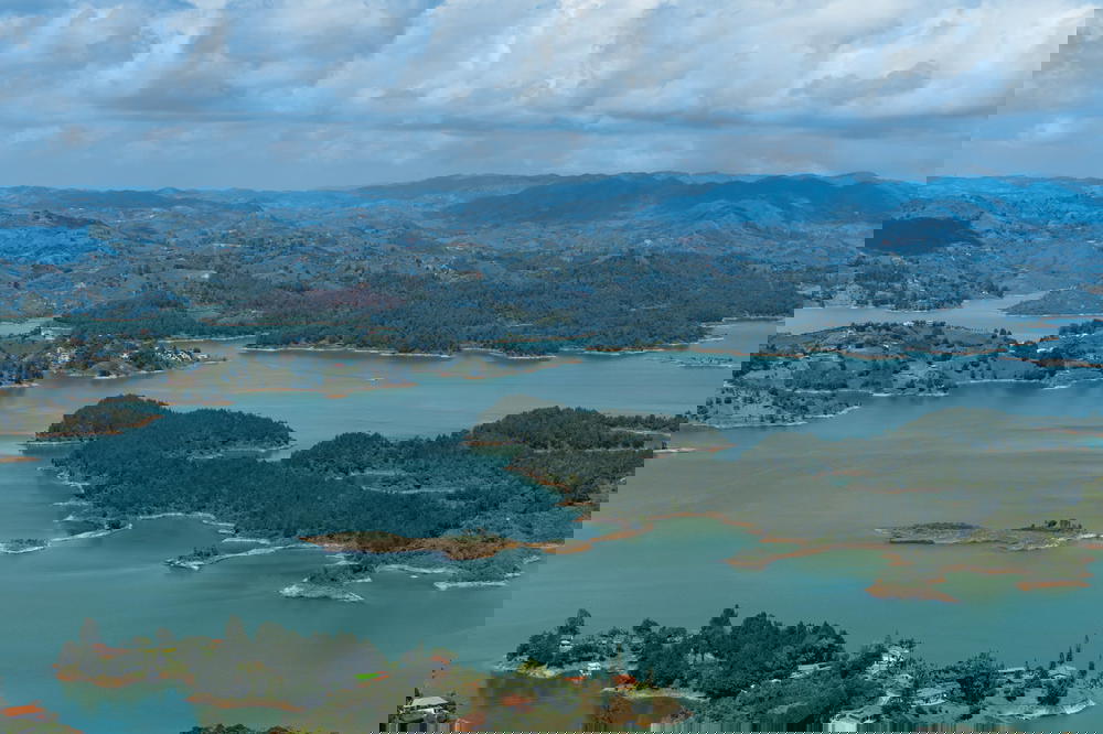 View of Guatape islands and lakes from the Piedra del Penol in Guatape, Colombia