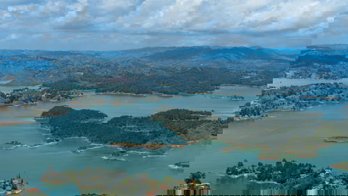 View of Guatape islands and lakes from the Piedra del Penol in Guatape, Colombia