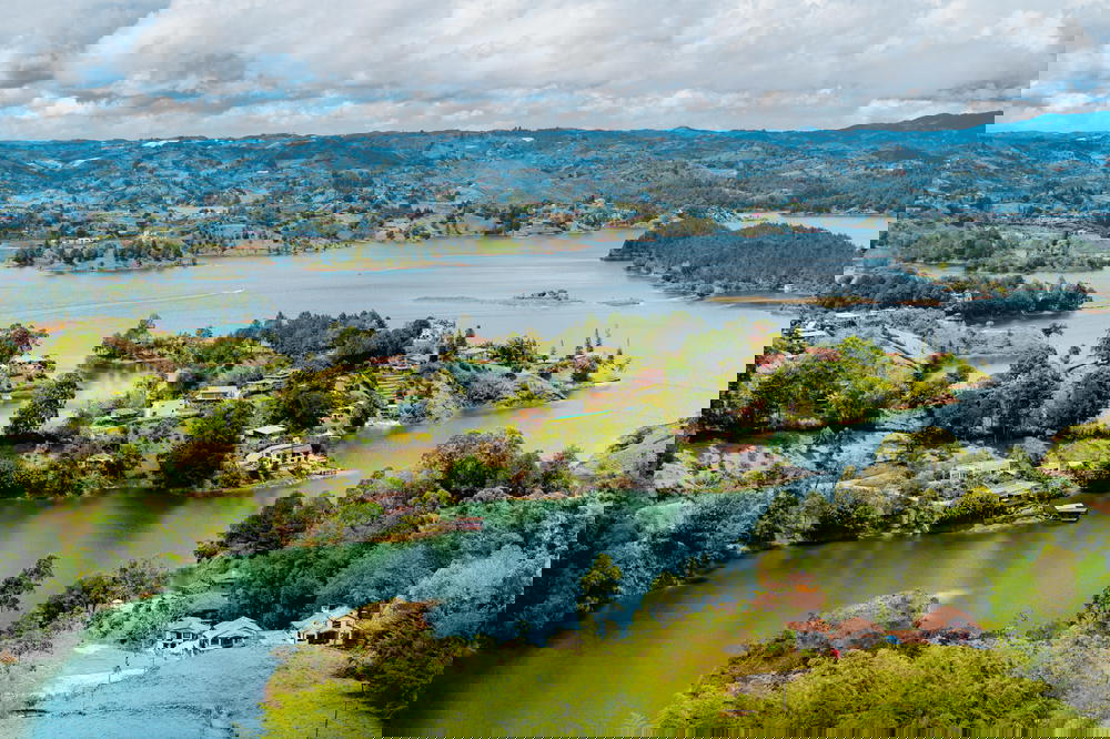 View of the lakes in Guatape Colombia from on top of the big rock