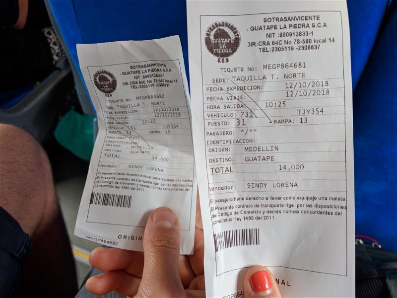 Bus ticket for how to get to Guatape from Medellin Colombia