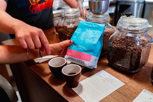 Pergamino's Urrao roast in two cups at their cafe in El Poblado, Medellin