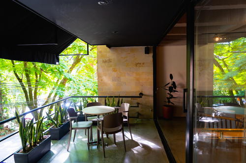 View of chairs and seating area at Pergamino's newest coffeeshop on Calle 10B in Medellin, Colombia