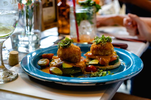 a plate of food on a table in a restaurant