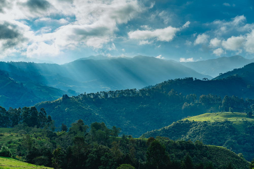 A green valley with mountains in the background.