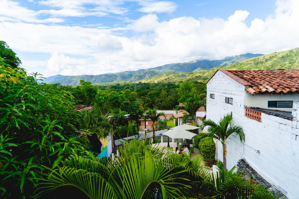 A view of a house with trees and mountains in the background.