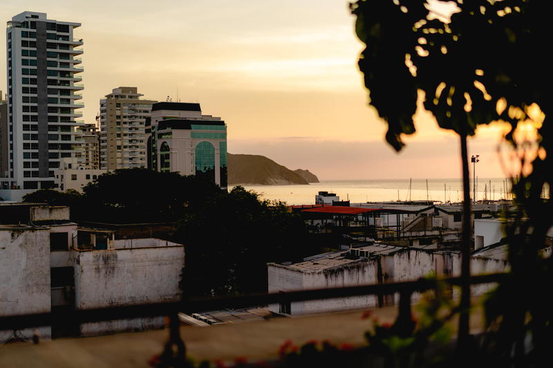 A view of the ocean from a rooftop.