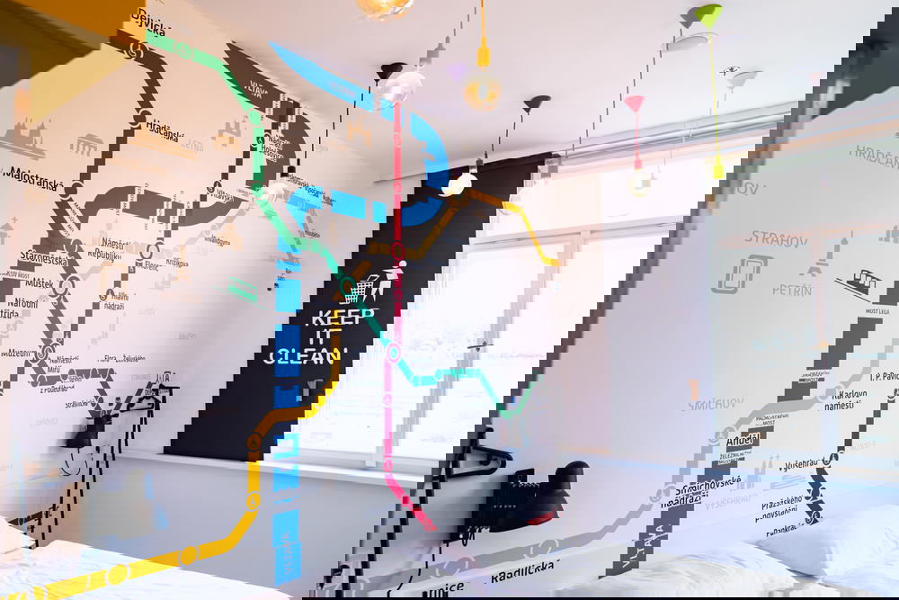 Prague metro map on the wall of a Meetme23 hotel room