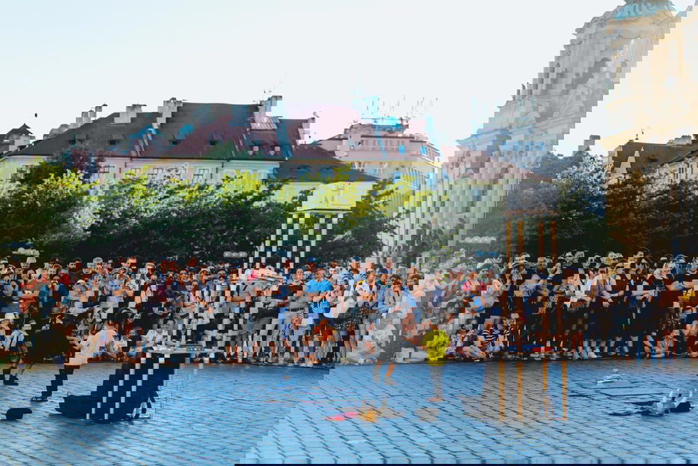 Street performers in Prague's Old Town Square