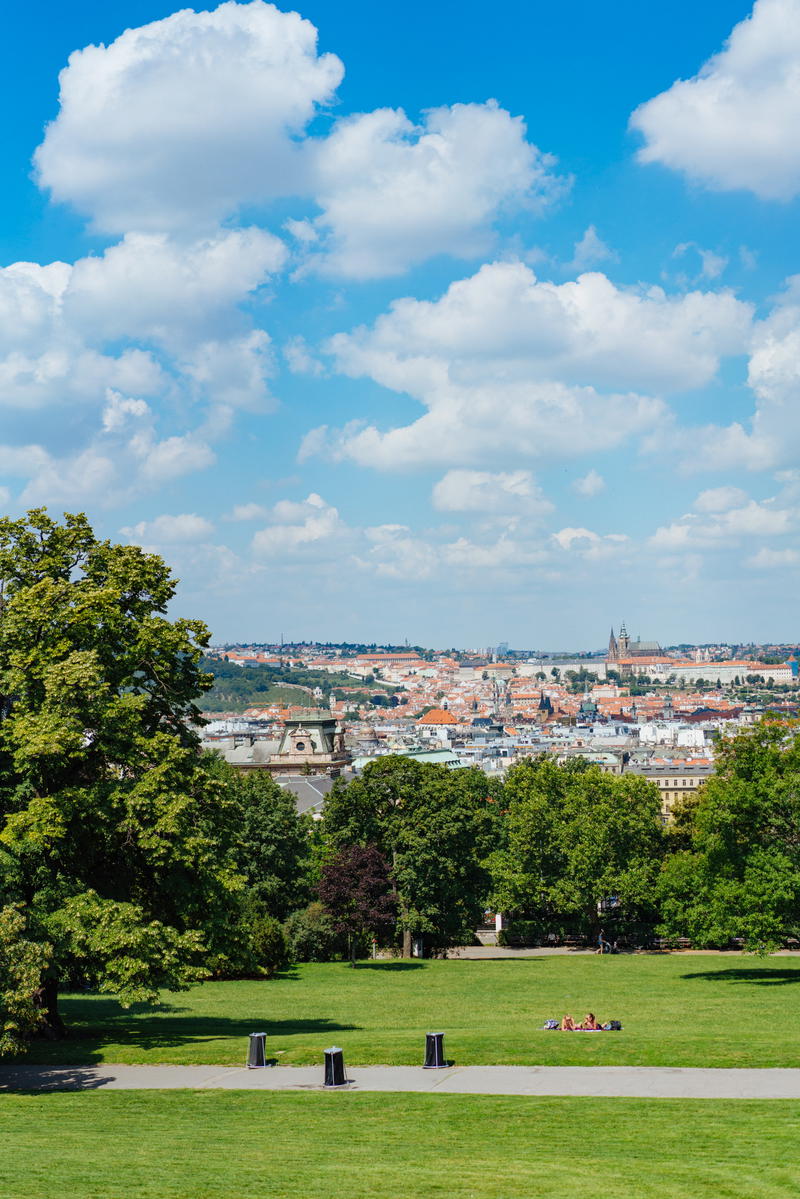 A view of a city from a park in Prague