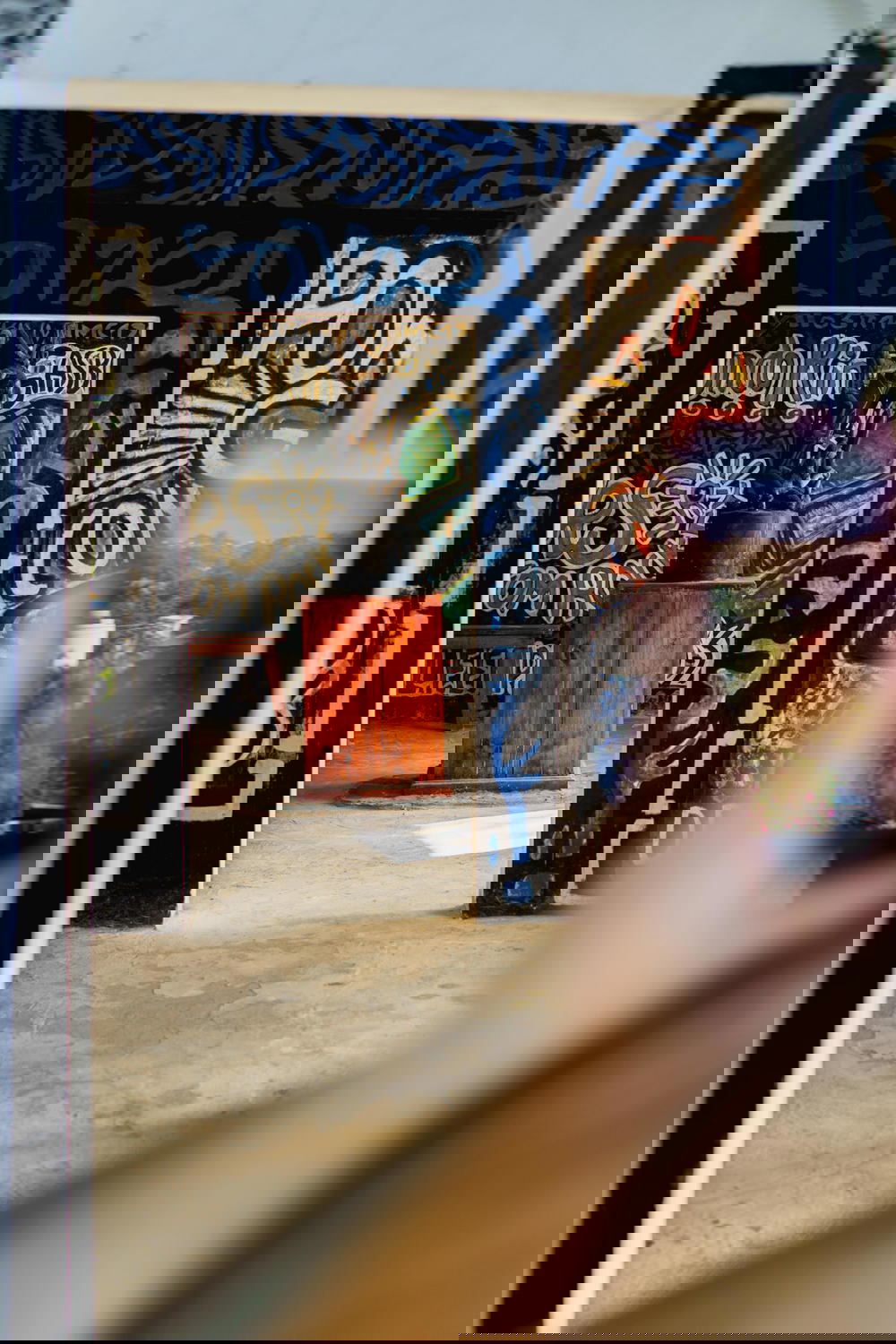 Creatively painted walls with blue and black words and a girl holding a phone screen reflecting natural backgrounds