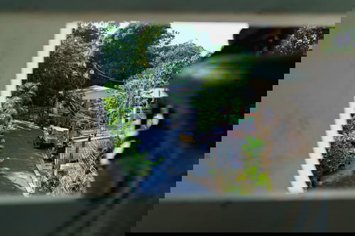 A statue is seen through a window.