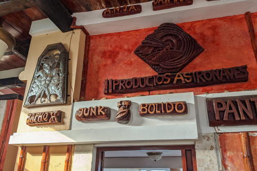 Wooden alien carvings by Rolf Schulz at Castillo Mundo King Art Museum in Sosua Dominican Republic