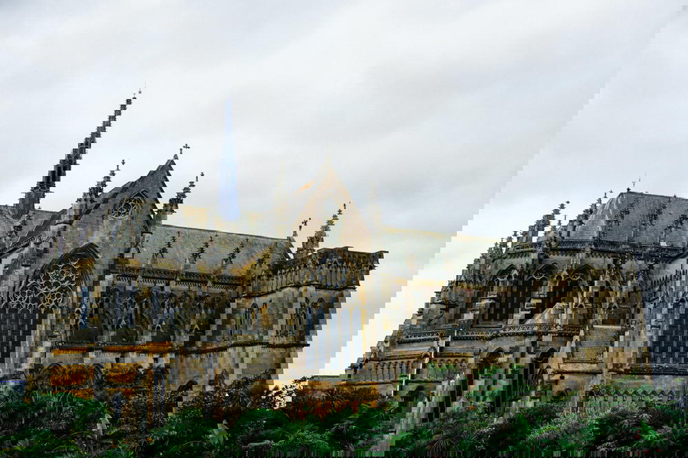 A large building with spires and spires.