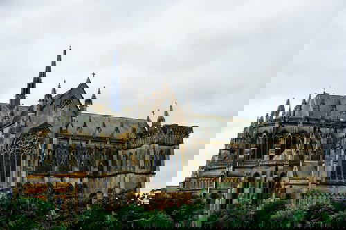 A large building with spires and spires.