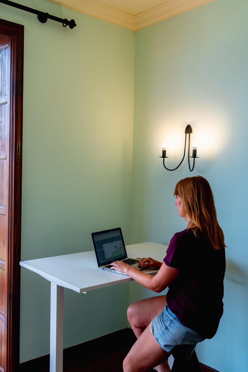 A woman working on a laptop in a room.