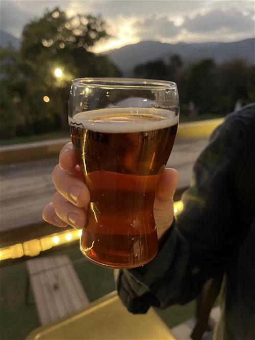 A person holding a glass of beer.