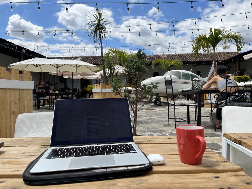 A laptop on a table.