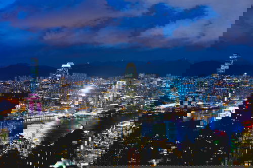 The skyline in Hong Kong is blue.