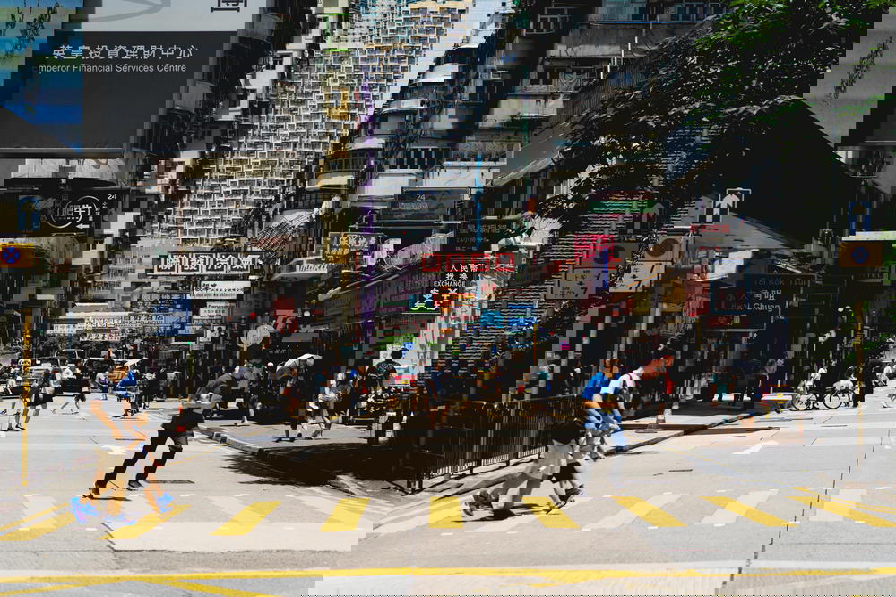 Street perspective and people walking down the street in Hong Kong