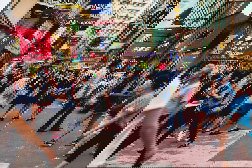 Busy crowd of people in a central location in Hong Kong