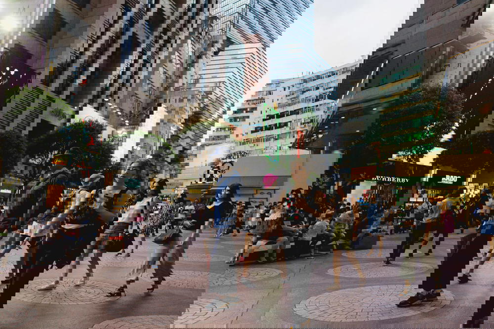Busy crowd of people in a central location in Hong Kong