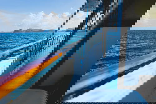 A view of the ocean from the deck of a boat in Hong Kong.