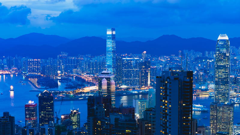 Hong Kong skyline at dusk.