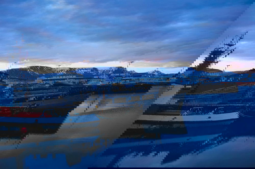 Parked boats on the water with mountains in the background in Reykjavík