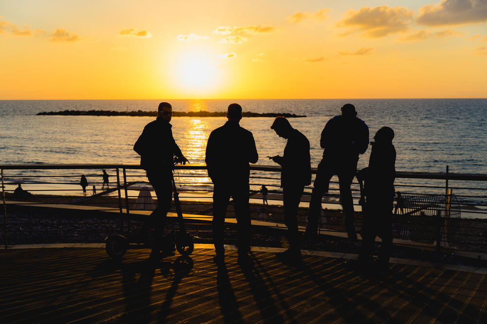 Golden hour and sunset on the beach in Tel Aviv, Israel