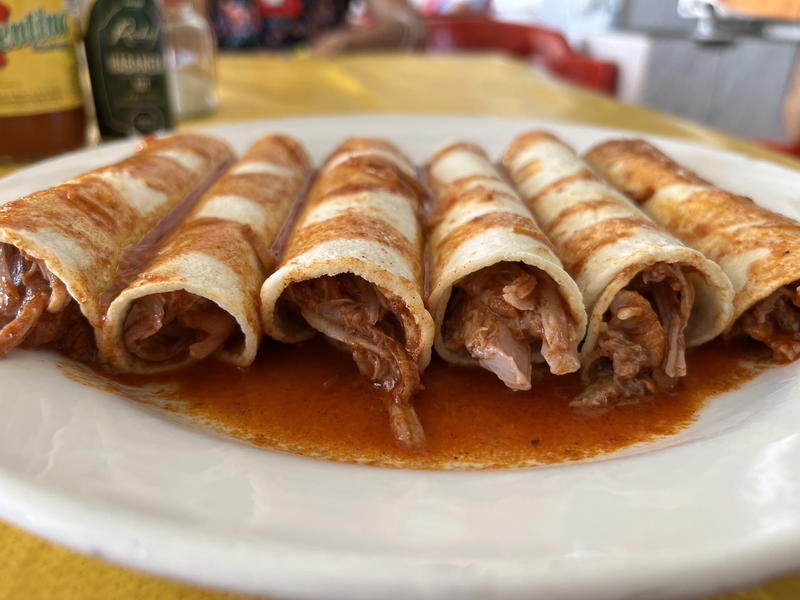 A traditional Mexican dish from Merida consisting of meat wrapped in tortillas on a table.