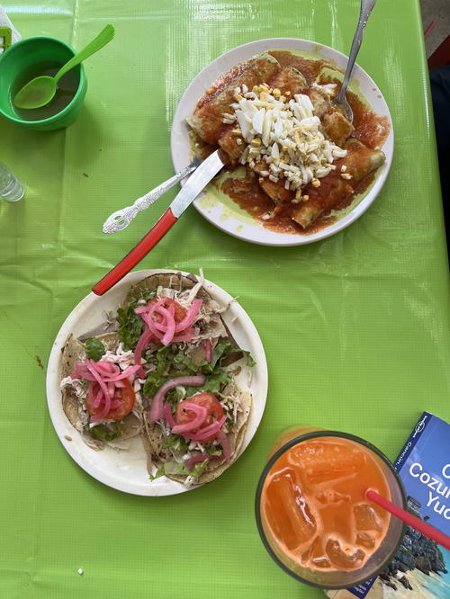 A table with plates of food in Merida, Mexico.