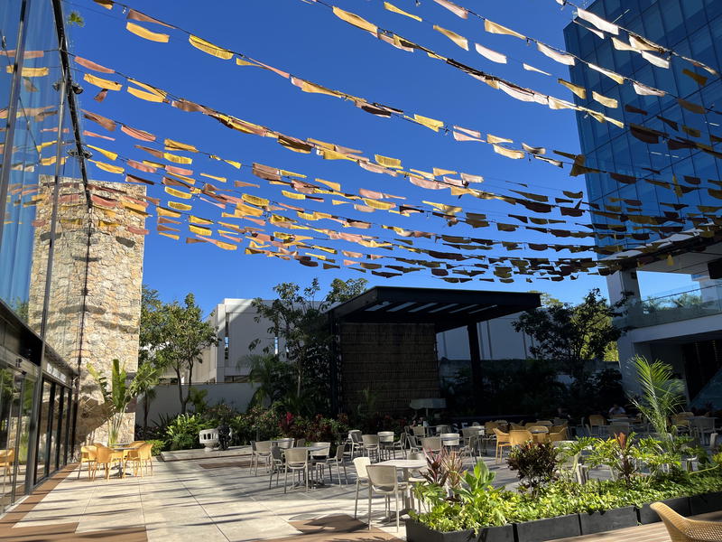 A patio with tables and chairs under a string of paper lanterns in Merida, Mexico.