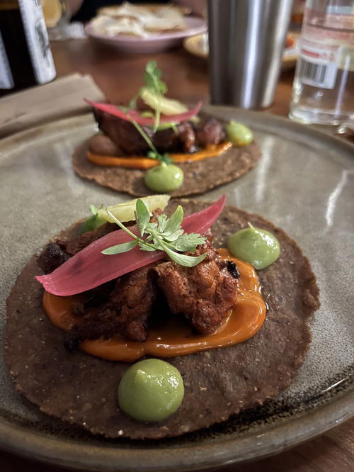 Two Merida-inspired tacos with succulent chicken and creamy avocado on a colorful plate.