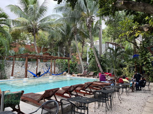 A pool with lounge chairs and trees in Merida, Mexico.