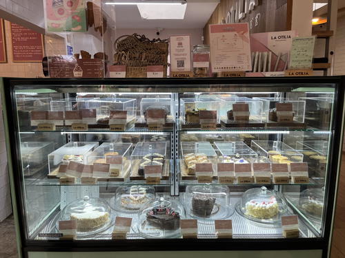 A display case full of cakes and pastries in Mexico City.