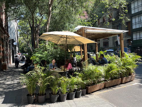 A sidewalk cafe in Mexico City adorned with potted plants.