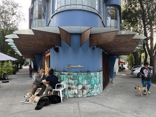 A group of people are sitting outside of a blue building in Mexico City.