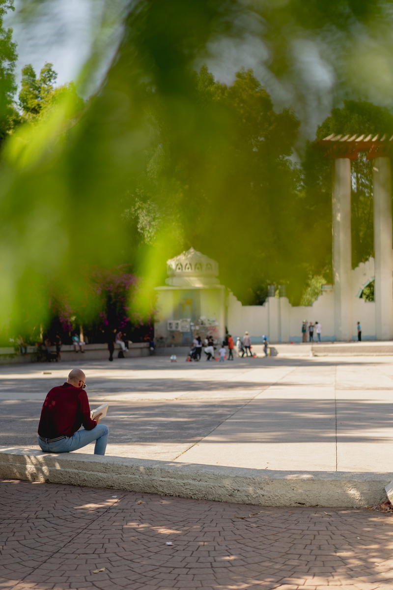 a man sitting on the ground looking at his cell