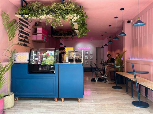 The interior of a colorful ice cream shop in Mexico City, Mexico.