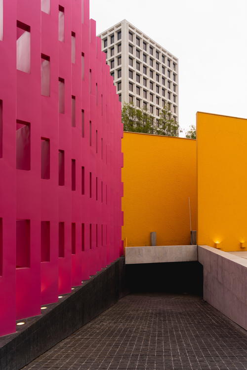 a pink and orange building