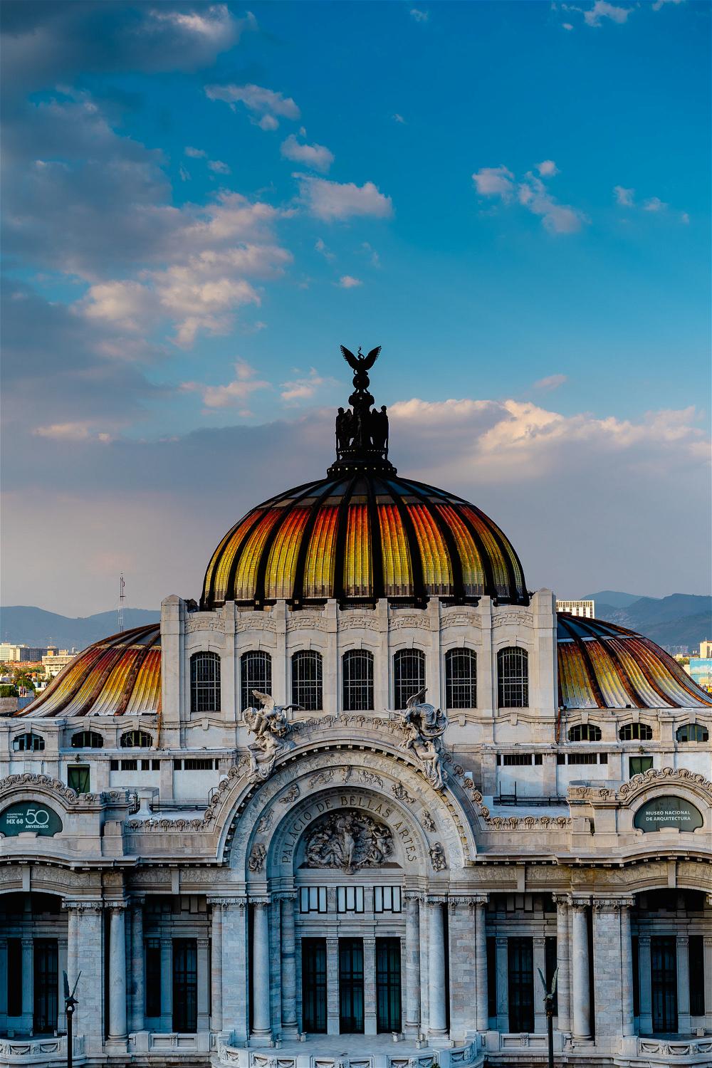 Palacio de Bellas Artes golden hour rainbown rooftop in Mexico City Centro Historico downtown