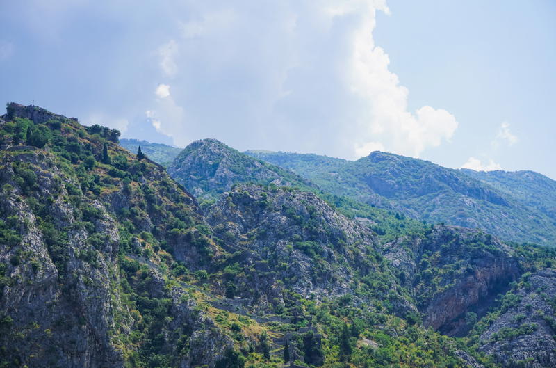 A view of a mountain range with a sky background in Budva